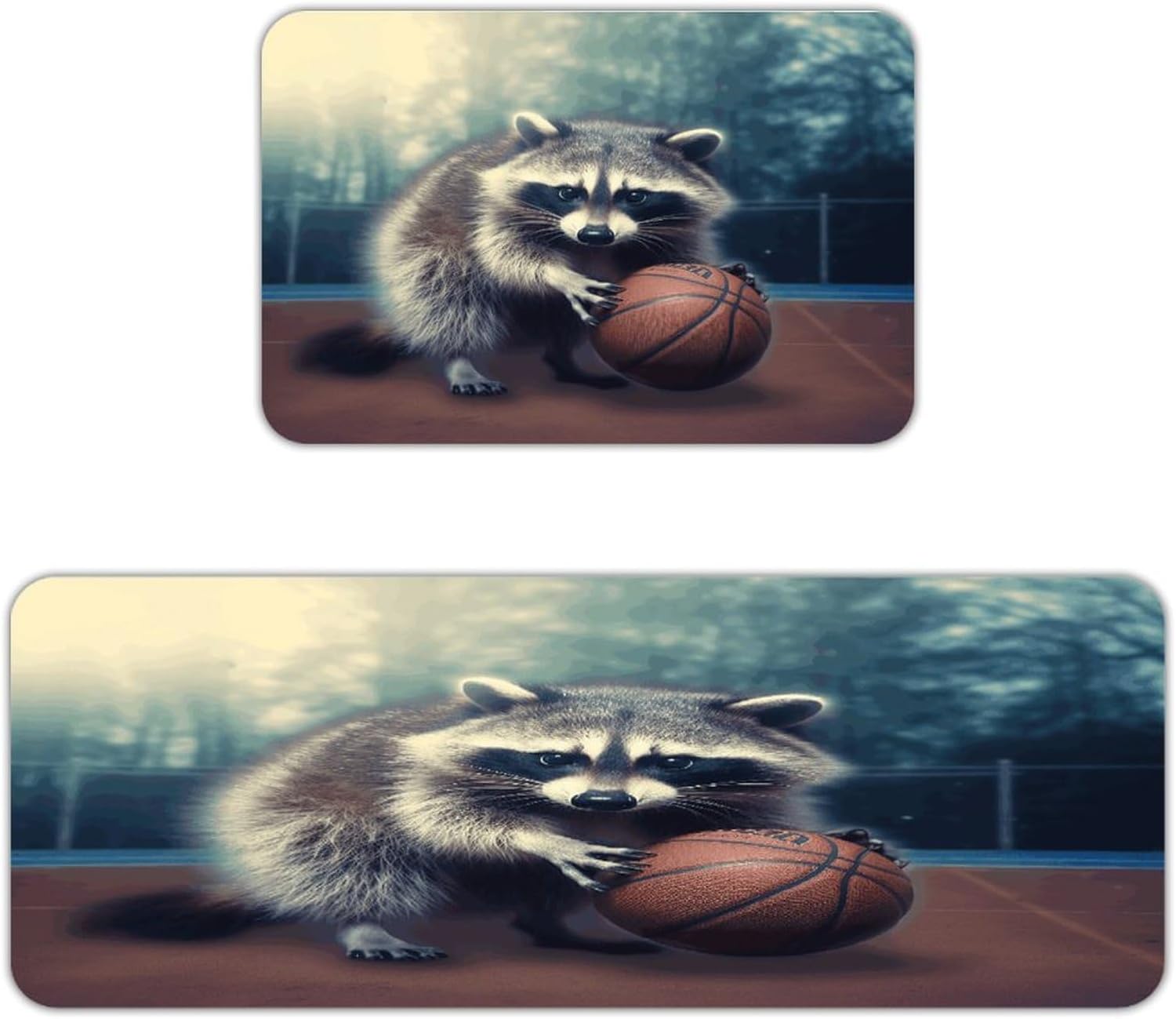 Funny Raccoon Basketball Kitchen Mat Washable Non Slip Rugs Soft Kitchen Mats for Floor Set of 2 PCS Cushioned Absorbent Runner Standing Rugs for Home Sink Laundry Office
