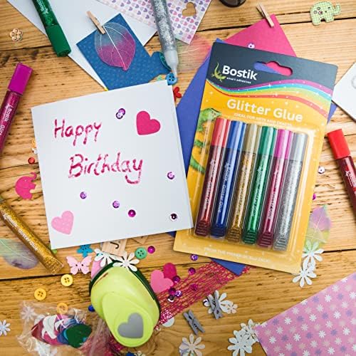 Bostik Glitter Glue Pens for Arts and Crafts, Easy to Use, Less Mess, Washable, Solvent Free, UKCA and CE Approved, 6 Coloured Glue Pens
