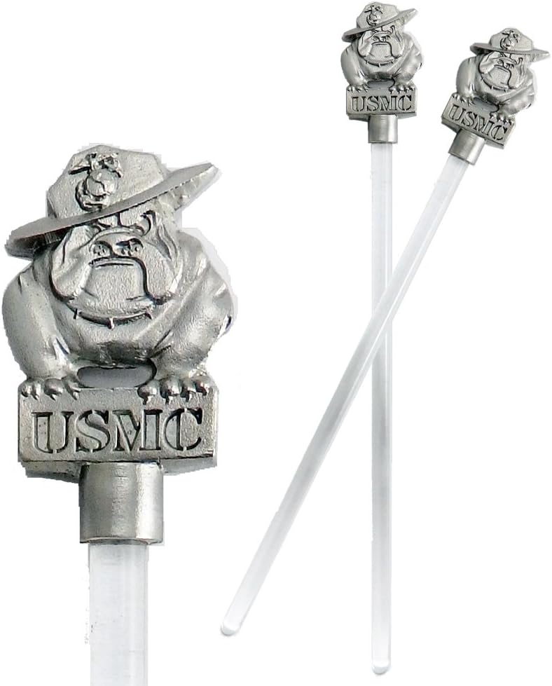 US Marine Corps Bulldog Beverage Stir Stick Pewter Emblem Set of 2 Made in USA