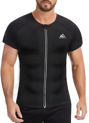 NINGMI Sauna Shirt for Men Hot Sweat Suit Zipper Short Sleeve T-Shirt Body Shaper Workout Sports Exercise Fitness Trainer Gym