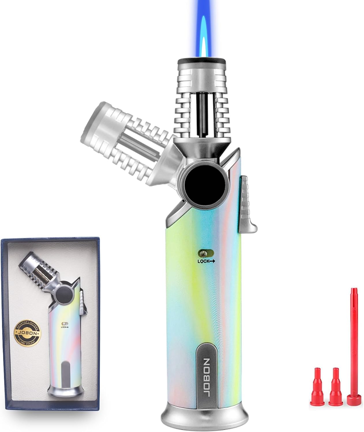 Butane Torch Lighter, 60° Rotatable Refillable Kitchen Cooking Torch Windproof Adjustable Flame Lighter with Fire Lock for Baking Creme Brulee BBQ, Butane is Not Included (Colorful)