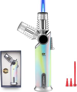 Butane Torch Lighter, 60 Rotatable Refillable Kitchen Cooking Torch Windproof Adjustable Flame Lighter with Fire Lock for Baking Creme Brulee BBQ, Butane is Not Included Colorful