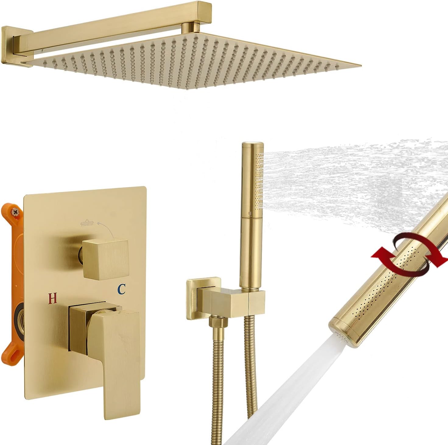 BESy Shower System with 12 Inch Rain Shower Head and Handheld Wall Mounted, High Pressure Rainfall Shower Faucet Fixture Combo Set with 2 in 1 Handheld Showerhead for Bathroom, Brushed Gold