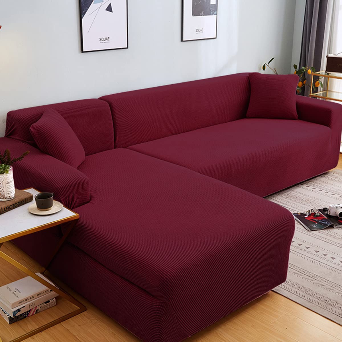 Dicke Couchbezüge für 1, 2, 3, 4-Sitzer, Sektionalsofa, Couchbezüge, L-Form, Stretch-Schonbezug für Wohnzimmer, Hunde, Haustiere, waschbar, langlebiger Möbelschutz, Polarfleece, weinrot (3 Sitze)