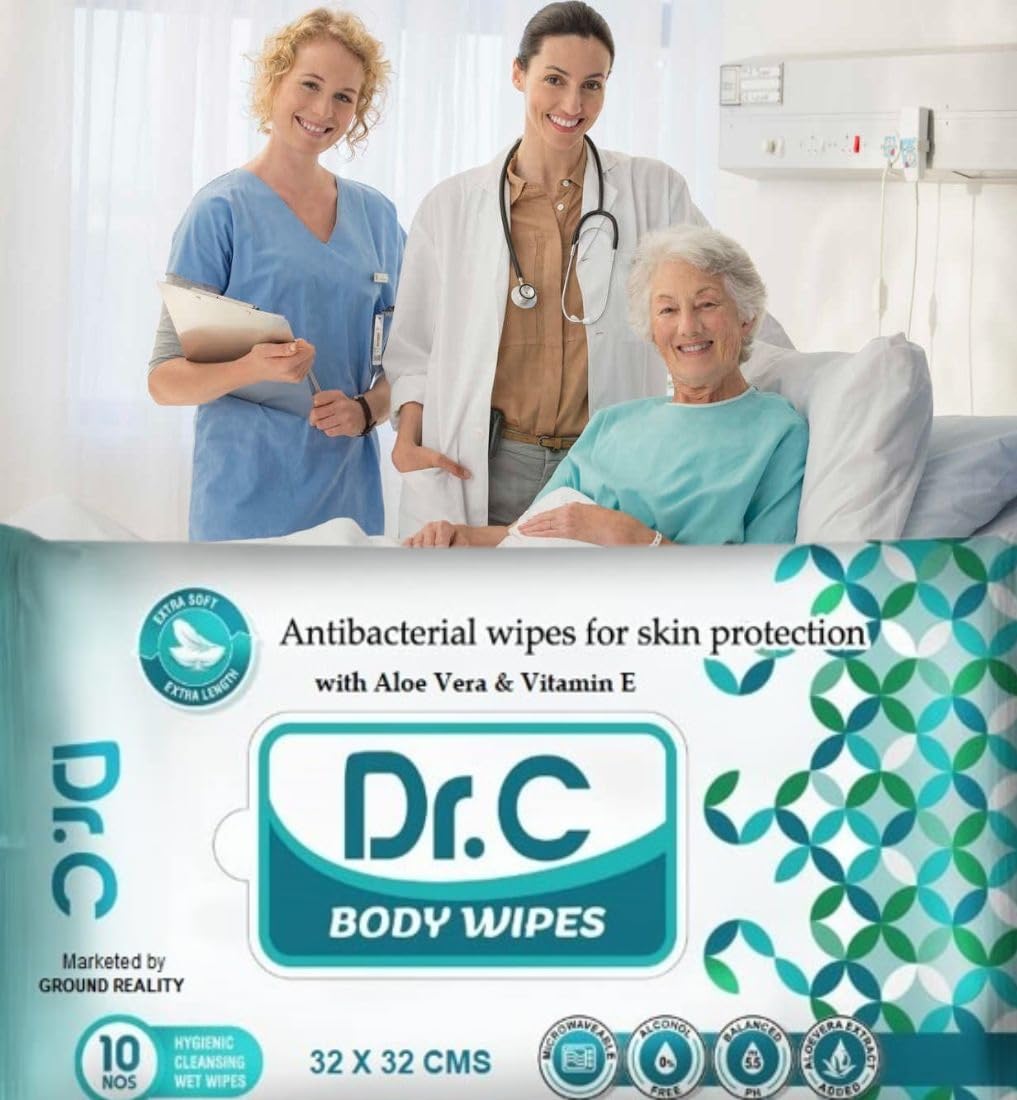 Dr C (Doctors Choice) Eco Easy Bath Wet Wipes Towelettes with Aloe Vera. XL size Wet Wipes for Adults, Patients and Baby. (10 Pulls/Pack)-Microwaveable