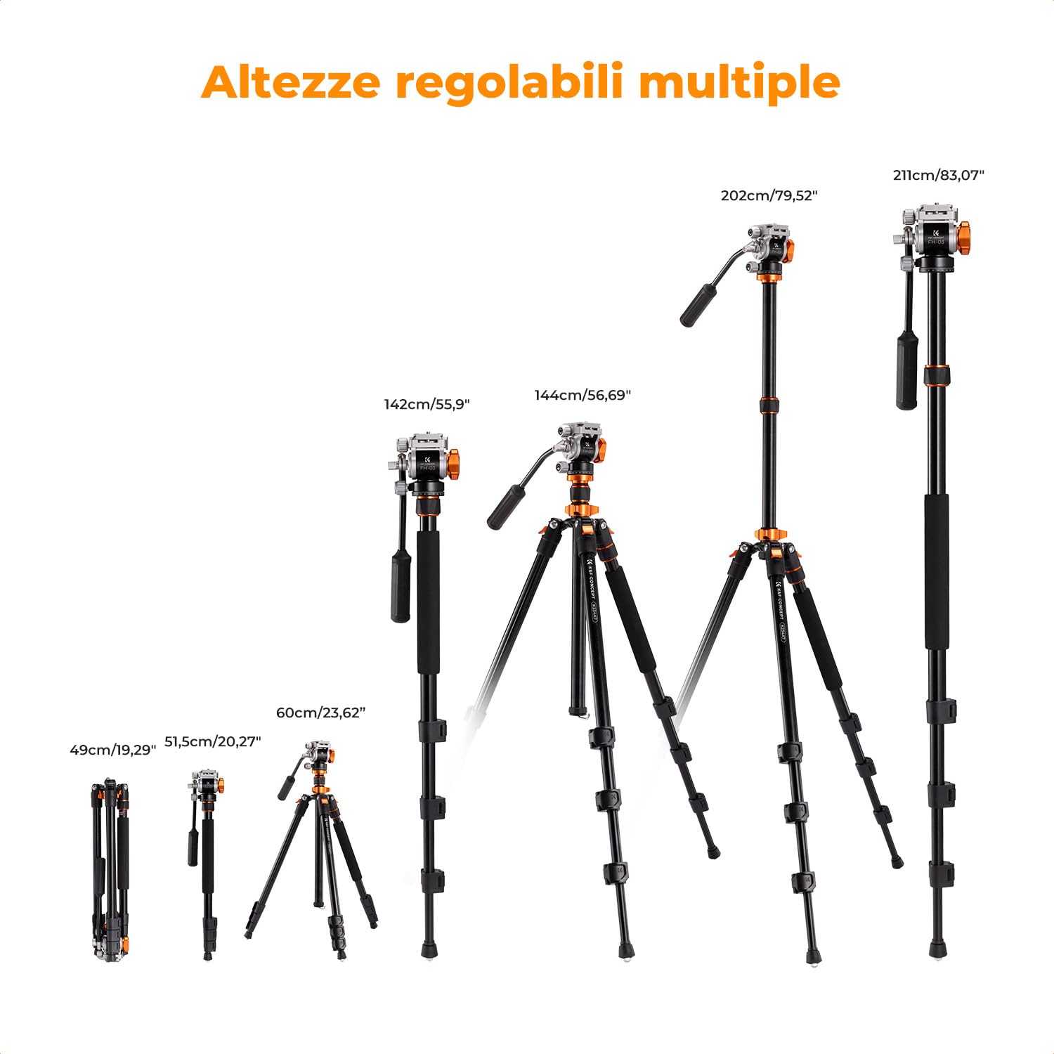 K&F CONCEPT Treppiede Fotocamera 202cm, Treppiede Video Professionale con Testa Idraulica, Treppiede da Viaggio in Alluminio, Cavalletto Fotografico con Monopiede Smontabile, Portata 5kg, K234A7