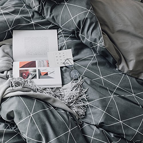 Highbuy SZ16006GREY02Q Premium Cotton Queen Bedding Sets Grey Duvet Cover Set Queen(1 Duvet Cover + 2 Pillowcases) For Boys Men Geometric Grid Duvet Cover Queen 3 Pieces Queen Bedding Collection,Lightweight thumb #1