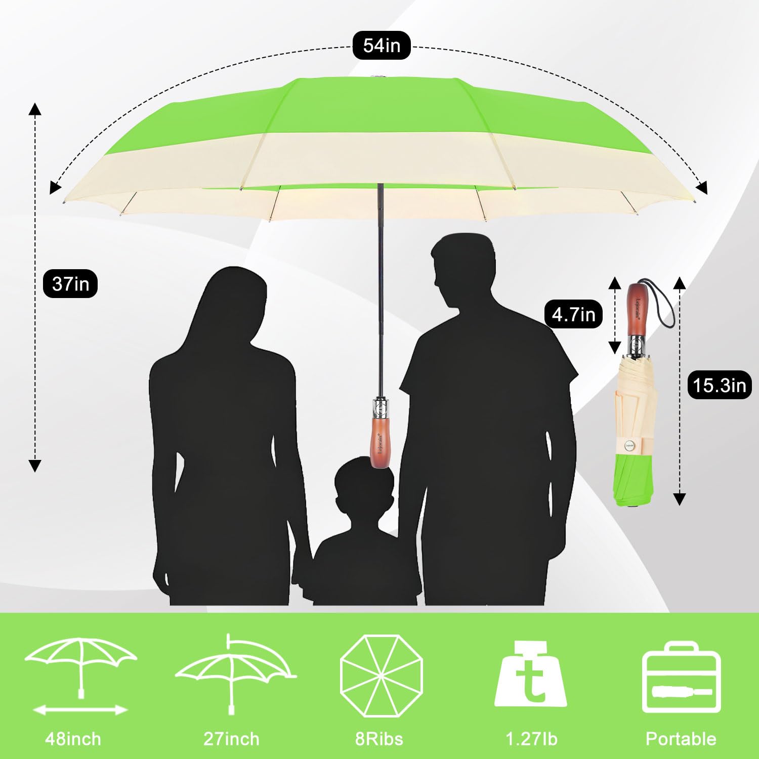 Lejorain Parapluie de voyage coupe-vent compact – Parapluie de golf pliable automatique coupe-vent grand sac à dos vert parapluie de pluie pour adultes