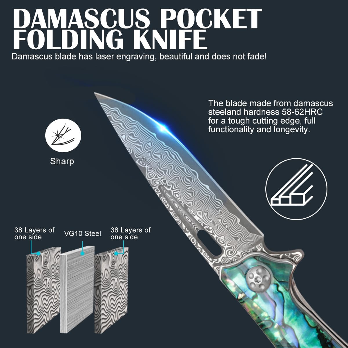 Cottonbell Damascus Pocket Knife Folding Knives for Women Men, Unique Abalone Seashells Handle with Clip EDC Knife,Survival Knife for Camping Fishing Hiking Hunting Gift