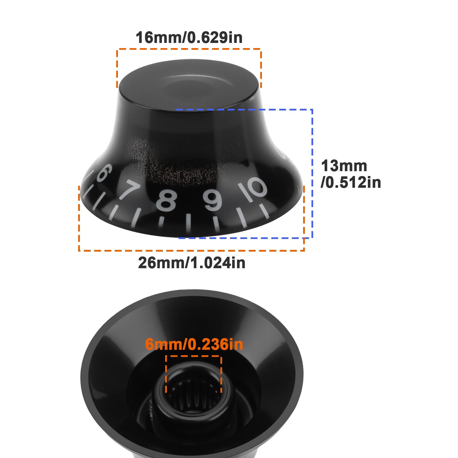 Briny River 4PCS Guitar Bell Top Hat Reflector Knobs Compatible with Les Paul Electric Guitar 26x13mm Shaft 6mm 24, Black - Image 3