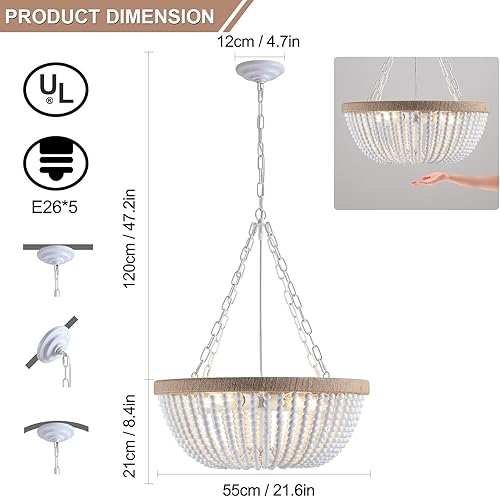 Miniatura 4 de tewei Lámpara de techo con cuentas de madera, estilo bohemio, con base E26, montaje semiempotrado (blanco lechoso)