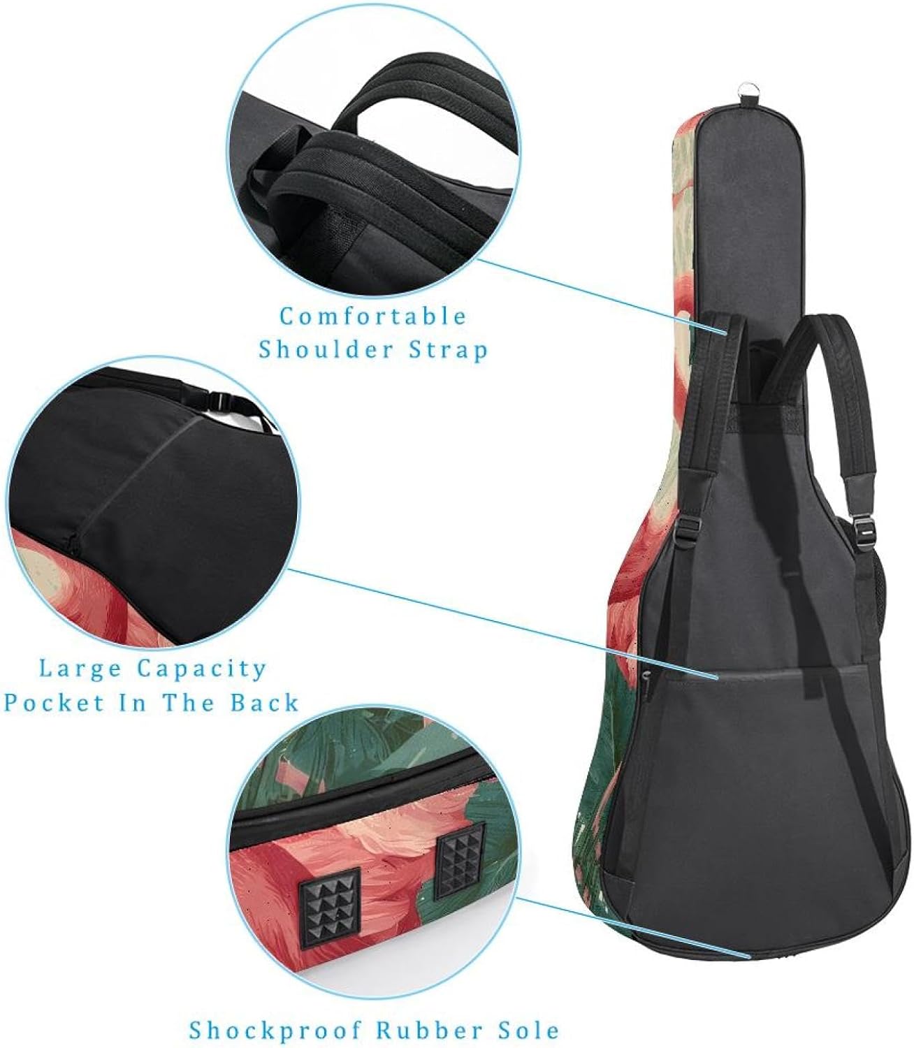 Acoustic Guitar Gig Bag 10mm Thick Padding, Soft Waterproof Guitar Case with Adjustable Backpack Straps for 40-42 Inch Guitar, Tropical Flamingos and Leaves Seamless Pattern