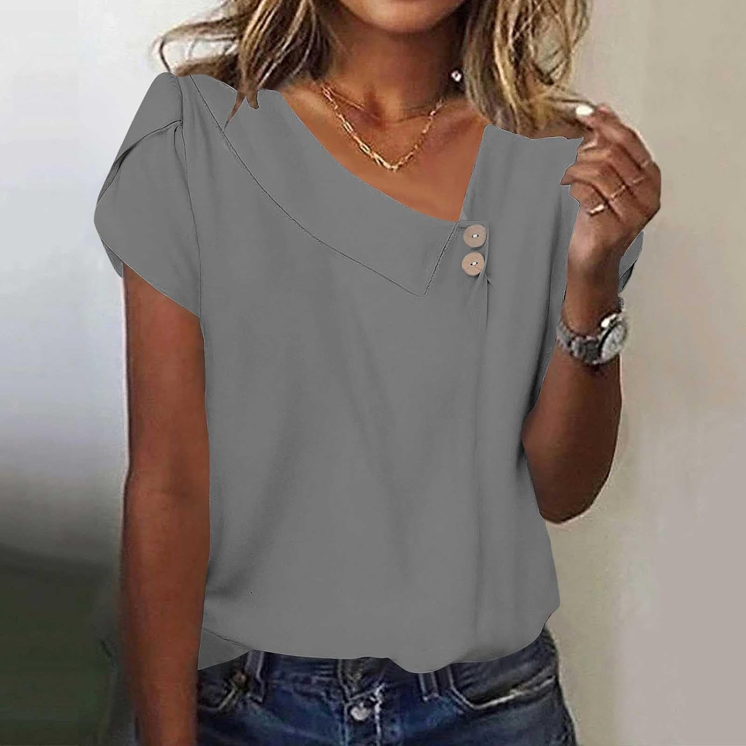 Going Out Tops for Women 2025 Trendy Slant Collar Ruffles Short Sleeves T-Shirts Summer Holiday Casual Tees Shirts