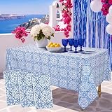 Suclain 3 Pack 42 x 102 Inch Rectangle Dancing Queen Fabric Tablecloth Blue Amani Tile Print Indoor Outdoor Soil Resistant Water Repellent Fabric Table Cover for Party and Dining Delft Blue Medallion