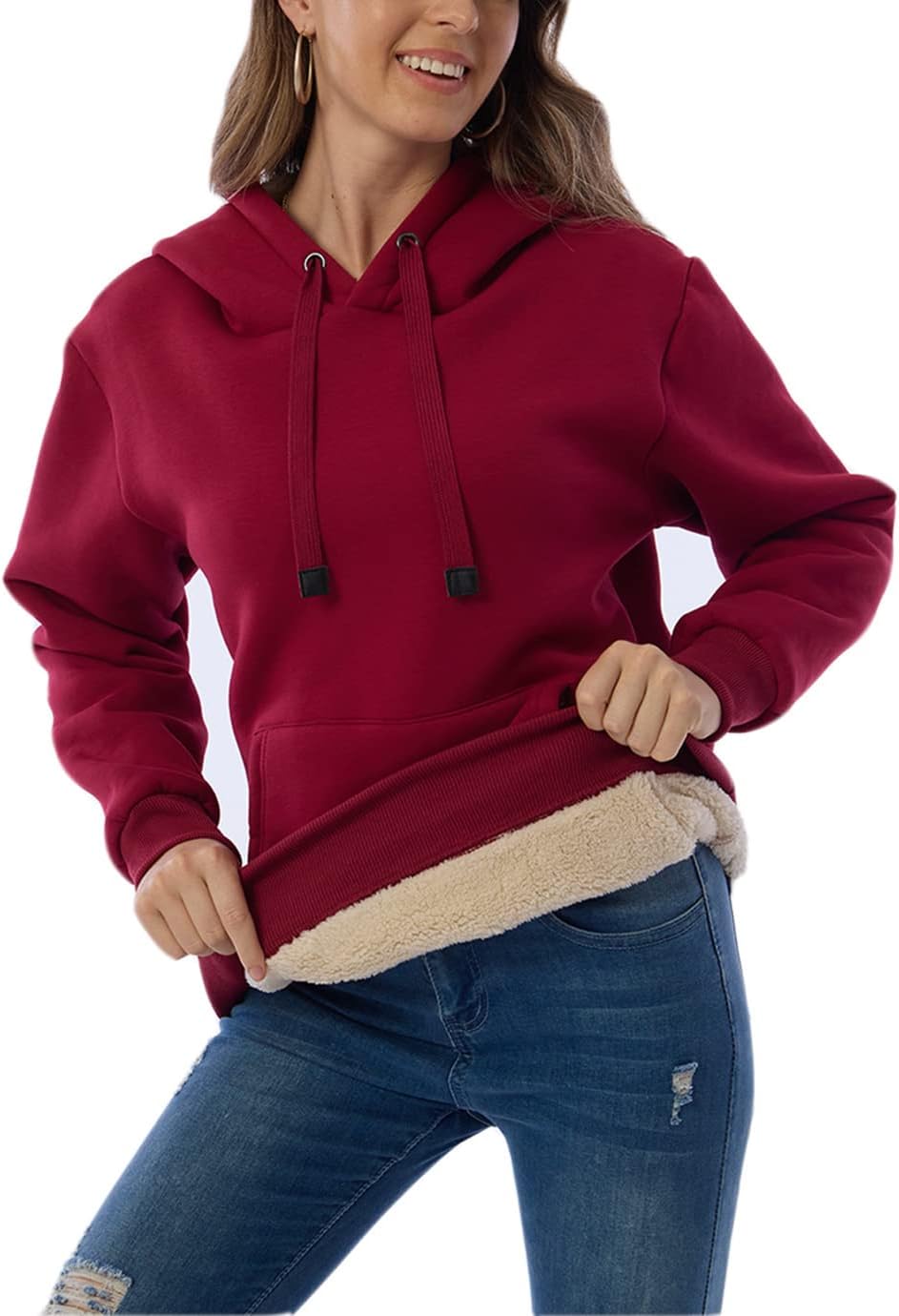 Womens Hooded Sweatshirt Fleece Sherpa Lined Hoodies Winter Causal Loose Fit Pullover - Image 2