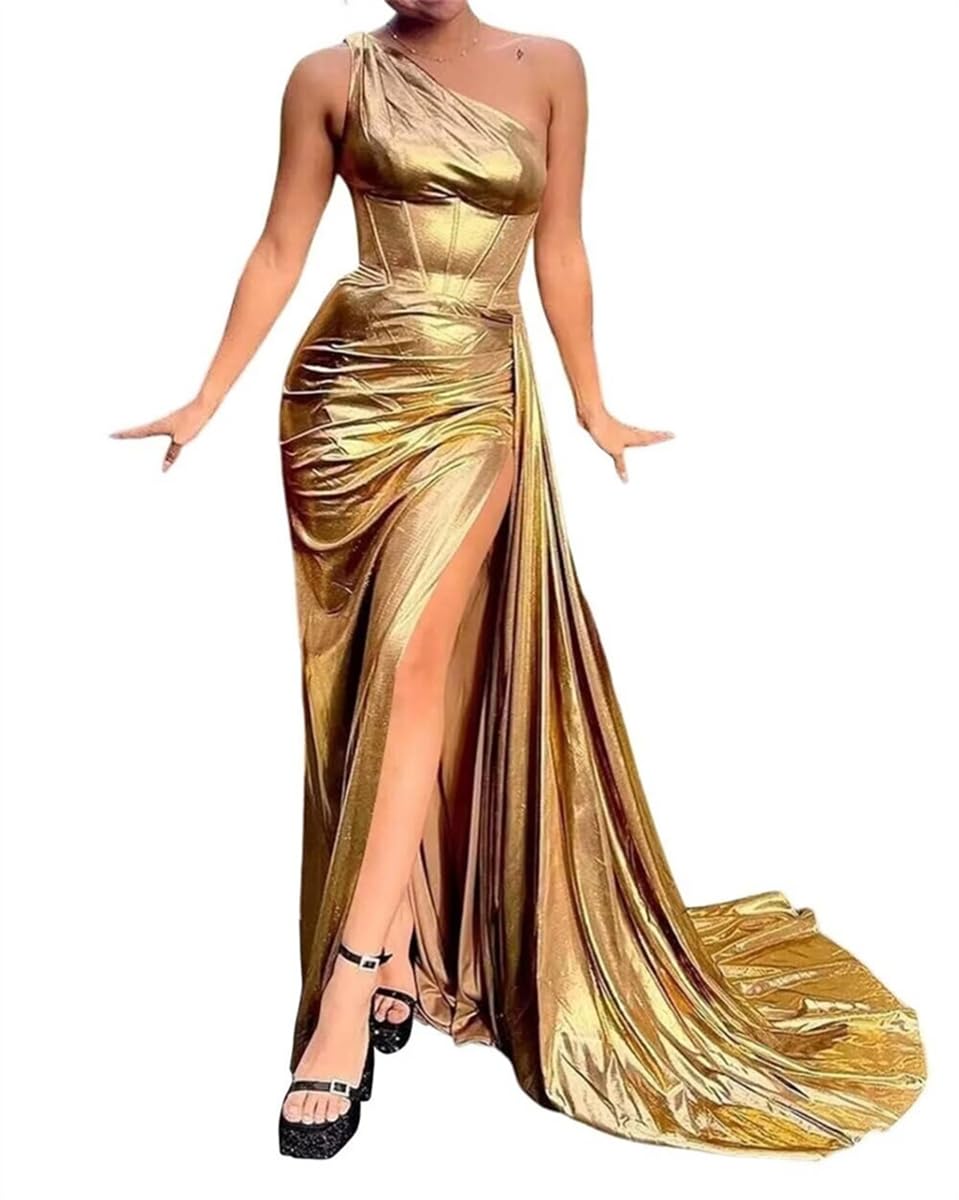 Wseyu Women's Gold Bridesmaid Dresses For Wedding With One Shoulder Mermaid Long Formal Gowns Uk14
