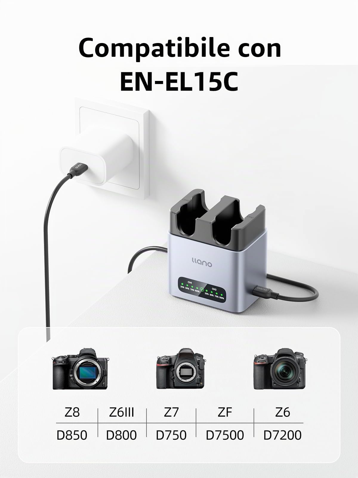 llano 20W EN-EL15C batteria per fotocamera caricatore rapido a 2 slot compatibile con Nikon Z8,Z7II,ZF,Z6III,Z7,Z6II,Z6,D850, D810A,D7500,D750,D7200,D7100, alluminio CNC,ricarica completa in 2,8 h