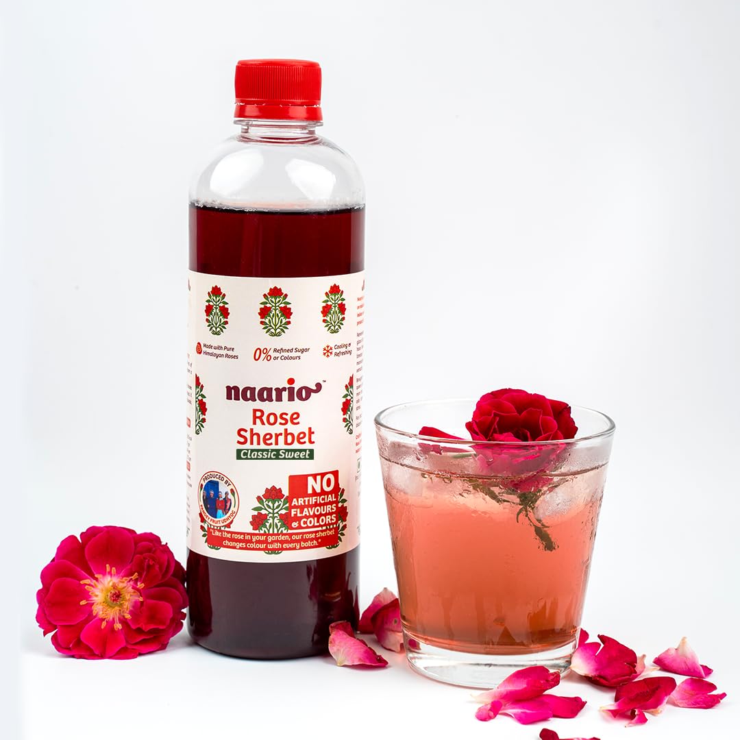 Rose Sharbat Essence of Fresh Gulab Petals | Instant Rose Syrup with Organic Sulphurless Sugar for Refreshing Summer Drinks - 500ml (Classic and Sweet)