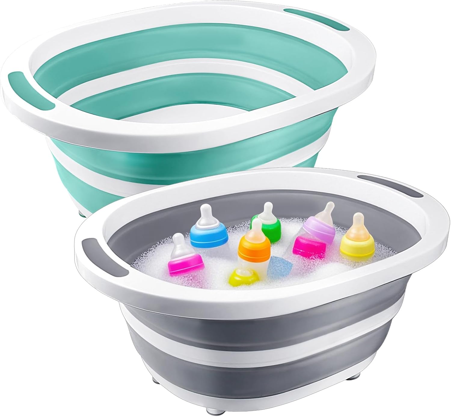2 Pack Collapsible Wash Basin for Baby Bottles, 2 Gal Portable Sink Basin Cutting Board for RV Home Kitchen, Foldable Dish Pan Ice Beverage Tubs Cleaning Supplies for Outdoor Camping Veggies Washing