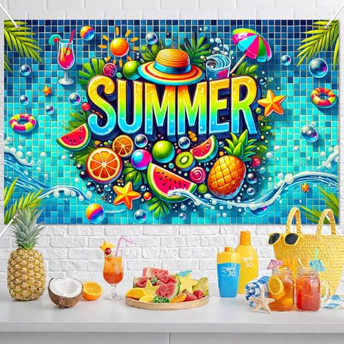 Image of BlissYard Summer Pool Banner 71 x 43 Inch Luau Party Decorations Hawaiian Backdrop Tropical Fruit Beach Party Decorations Photo Booth Wall Decor for Indoor Outdoor Summer Party