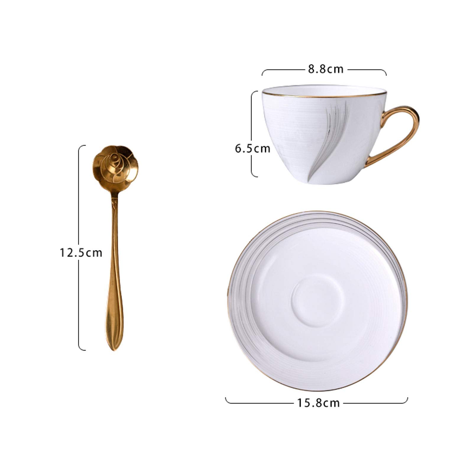 Ceramiczny kubek 220 ml / 8 uncji osobowość biała porcelana kostna zestaw kubków do kawy filiżanka do herbaty z ręcznie malowanymi krawędziami i uchwytami ze złotymi liniami, zawiera 1 spodek i 1