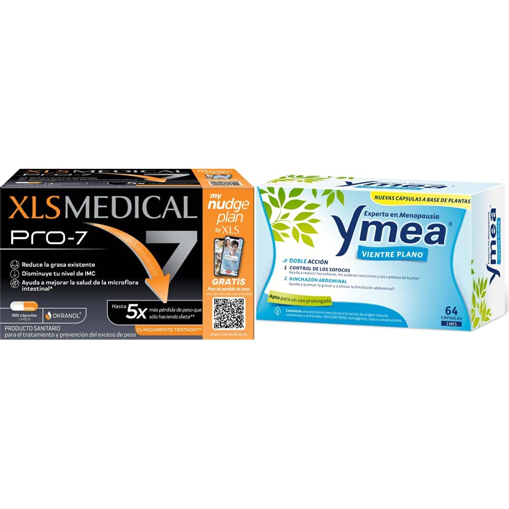 XLS Medical Pro 7 Resultados en 1 Mes con 7 Beneficios, Origen Natural, 180 comprimidos + Ymea Vientre Plano Tratamiento de la Menopausia, Control de Sofocos y Alivia el Hinchazón Abdominal
