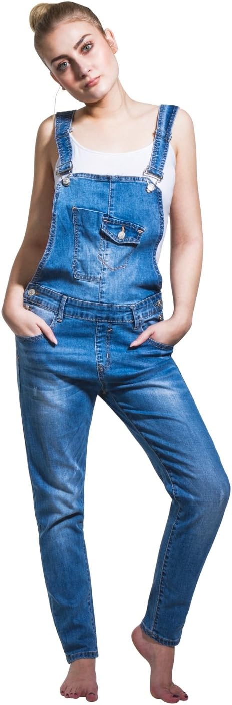 Ladies Distressed Denim Dungarees - Stonewash Three-Quarter Bib Overalls Slim fi Kendal-S-UK8