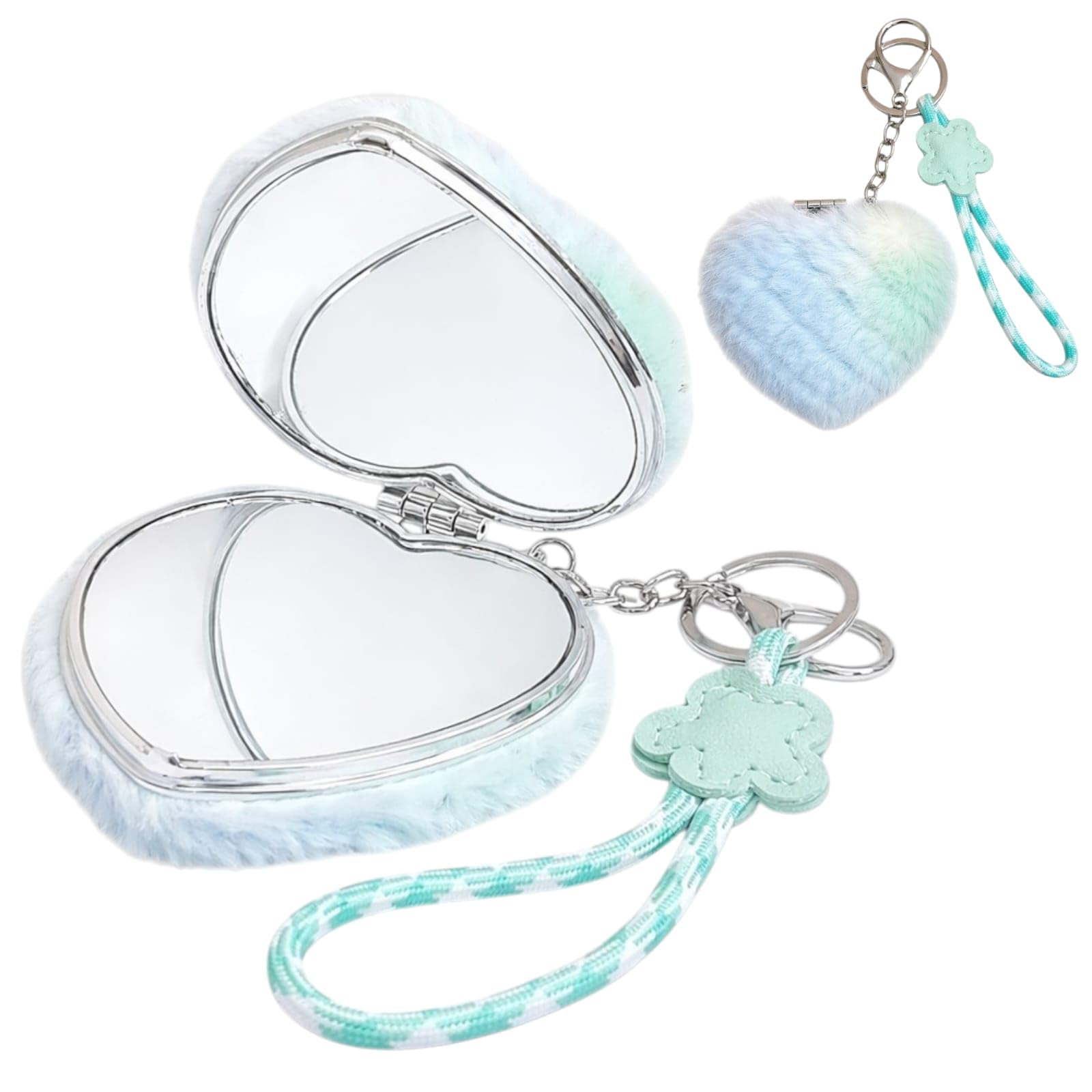 TERA 13 Heart Shape Compact Mirror | Keychain for Girls & Women – Furry Plush Portable Double-Sided Makeup Mirror with Keyring, Cute Travel Pocket Mirror, Gift for Birthday Return Gifts | (1 Pcs)