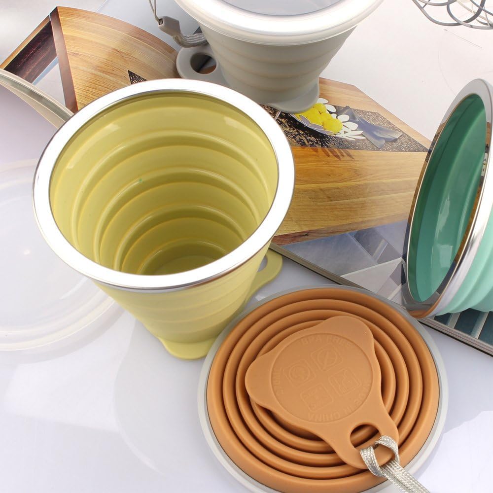 Silicone Collapsible Travel Drinking Cup Reusable Small Portable Lightweight Folding With Lid Expandable Drinking Cup For Travel Outdoor Hiking Camping (PACK OF-1/MULTICOLOR) 1