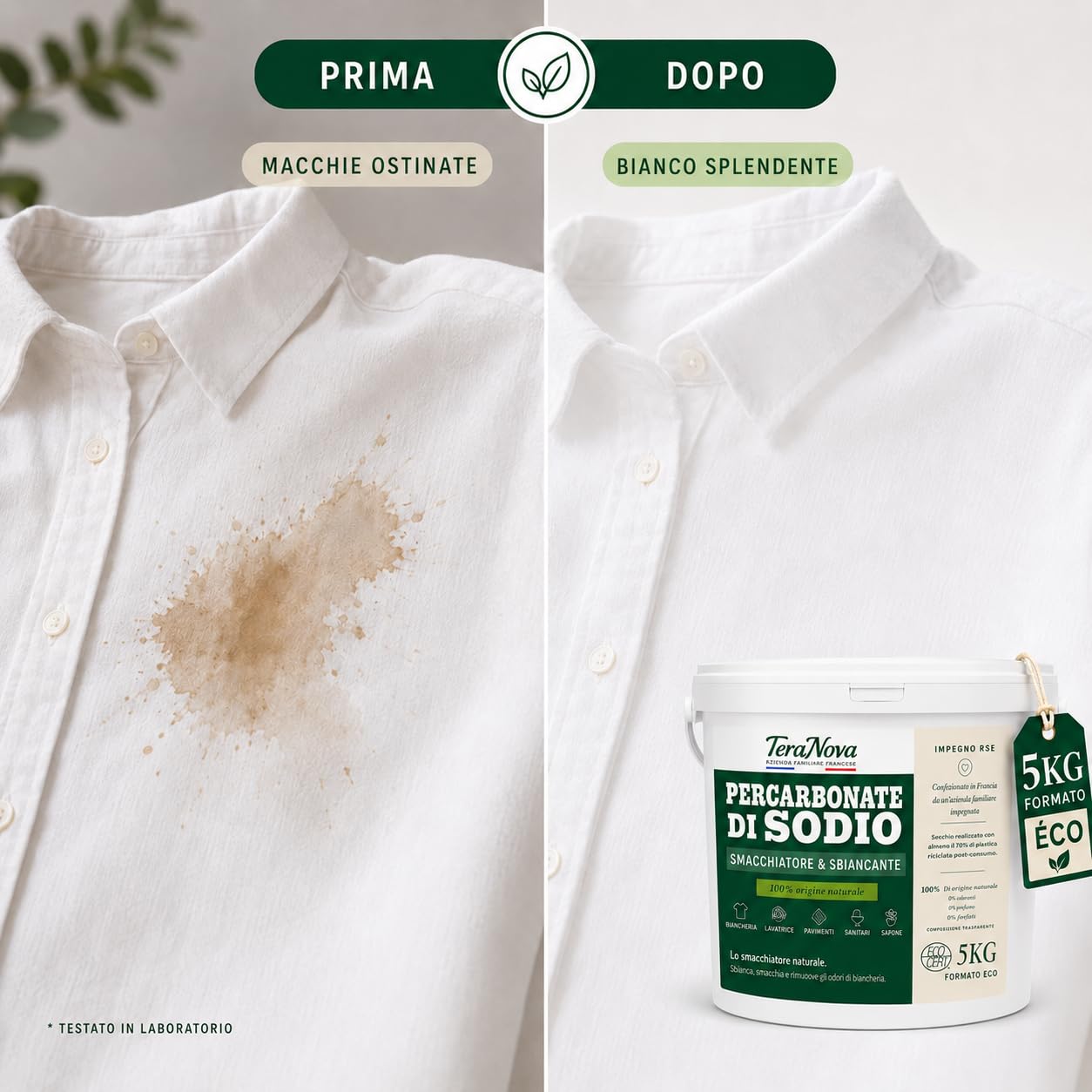 Percarbonato di Sodio 5 kg – Smacchiatore e Sbiancante Naturale ECOCERT – 100% Puro senza Additivi – Oltre 600 Lavaggi – Ossigeno Attivo – Dosatore Incluso