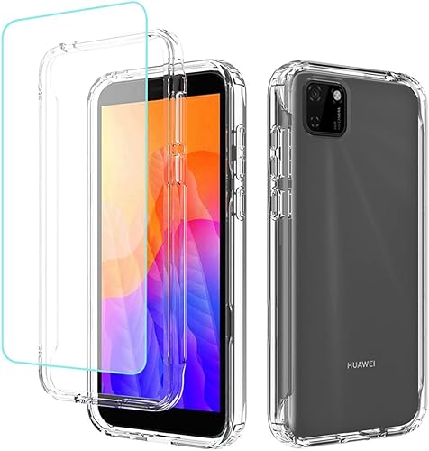 Funda transparente compatible con Huawei Y5P, funda DRA-LX9 con protector de pantalla de vidrio templado, bonito protector de cristal a prueba de