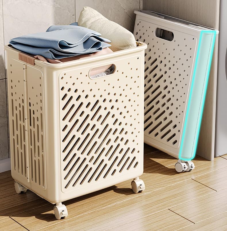 Collapsible Laundry Basket, Foldable Rolling Laundry Hamper 57L with Handle, Multipurpose Organizer Storage Washing Basket, Ultra Thin Storage Space for Dorm, Bedroom and Bathroom, Cream Yellow