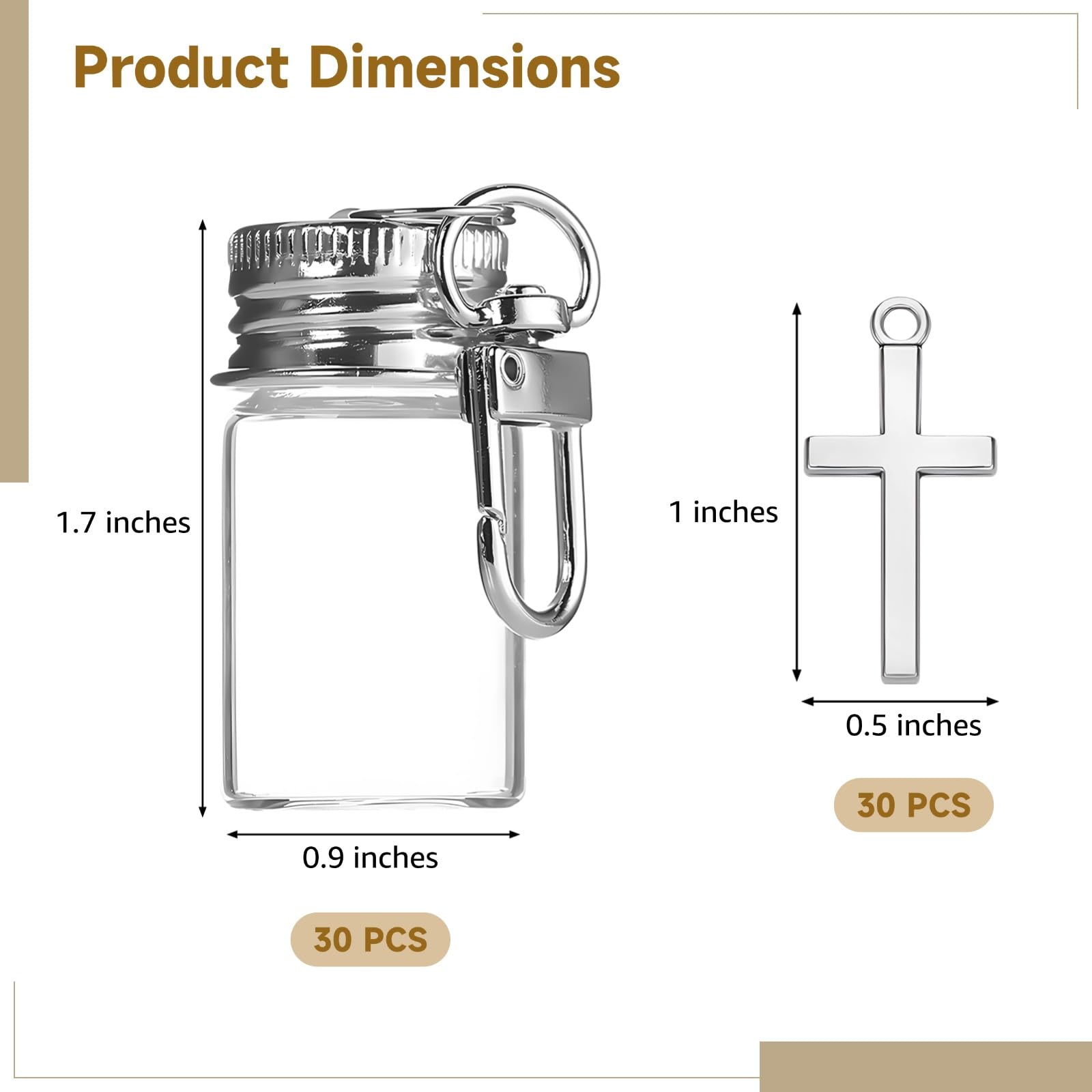Generisch 30 Stk. Kreuz-Schlüsselanhänger-Fläschchen, 7 ml Mini-Glasfläschchen mit Metallkappen, DIY-Wunschfläschchen, Behälter für Weihwasser, Andenken und Kommunionsgeschenk
