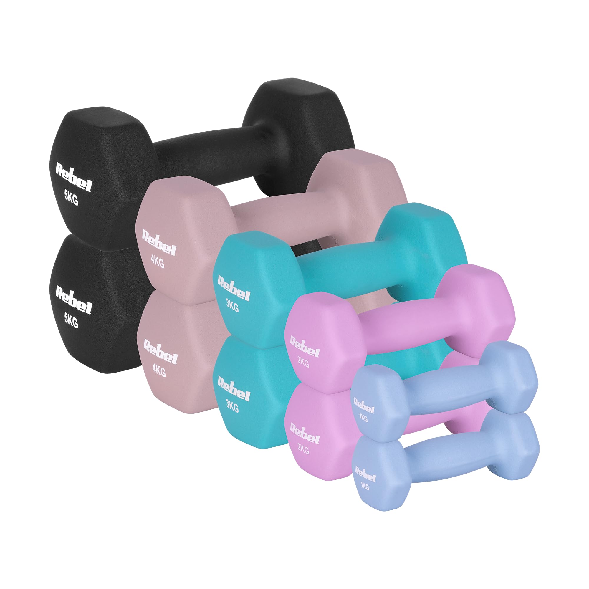 Rebel Electro Hantelki Żeliwne Neoprenowe HEX Zestaw 30 kg (2x1kg+2x2kg+2x3kg+2x4kg+2x5kg)