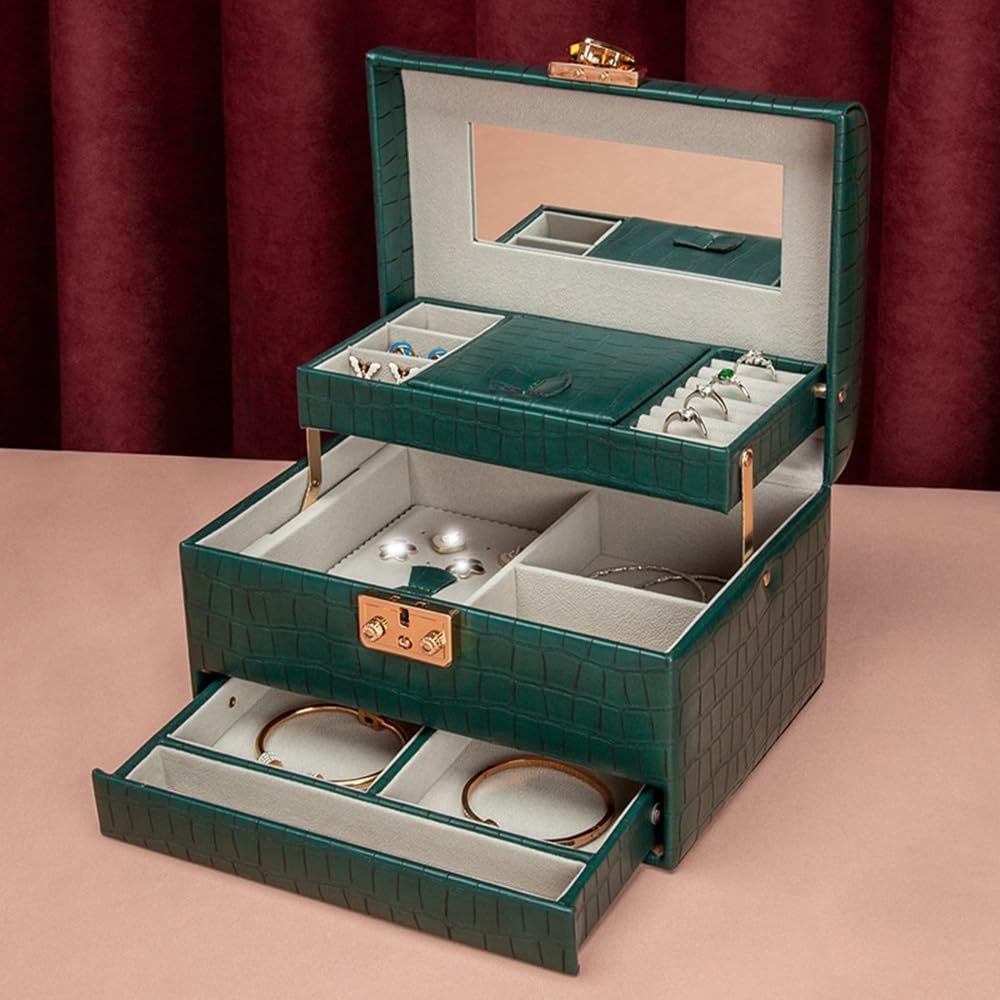 Torre para joyas Caja organizadora de joyas cuero con almacenamiento en espejo Soporte