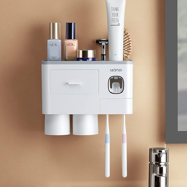 Toothbrush Holder Wall Mounted for Bathroom - Electric Toothbrush Holder with Toothpaste Dispenser,Large Capacity Tray, Cosmetic Drawer,2 Cups and 6 Brush Slots Bathroom Accessory