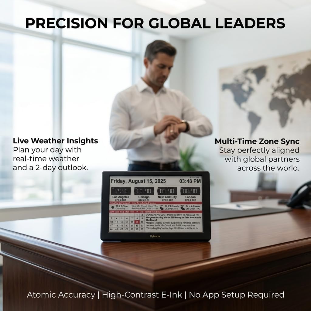 Intelevia 7" Smart E-Paper Desktop Calendar, Wi-Fi Digital Desk Clock with Weather & News, Eye-Friendly E-Ink Display, Auto-Refresh Perpetual Calendar for Office, ABS Shell - Black