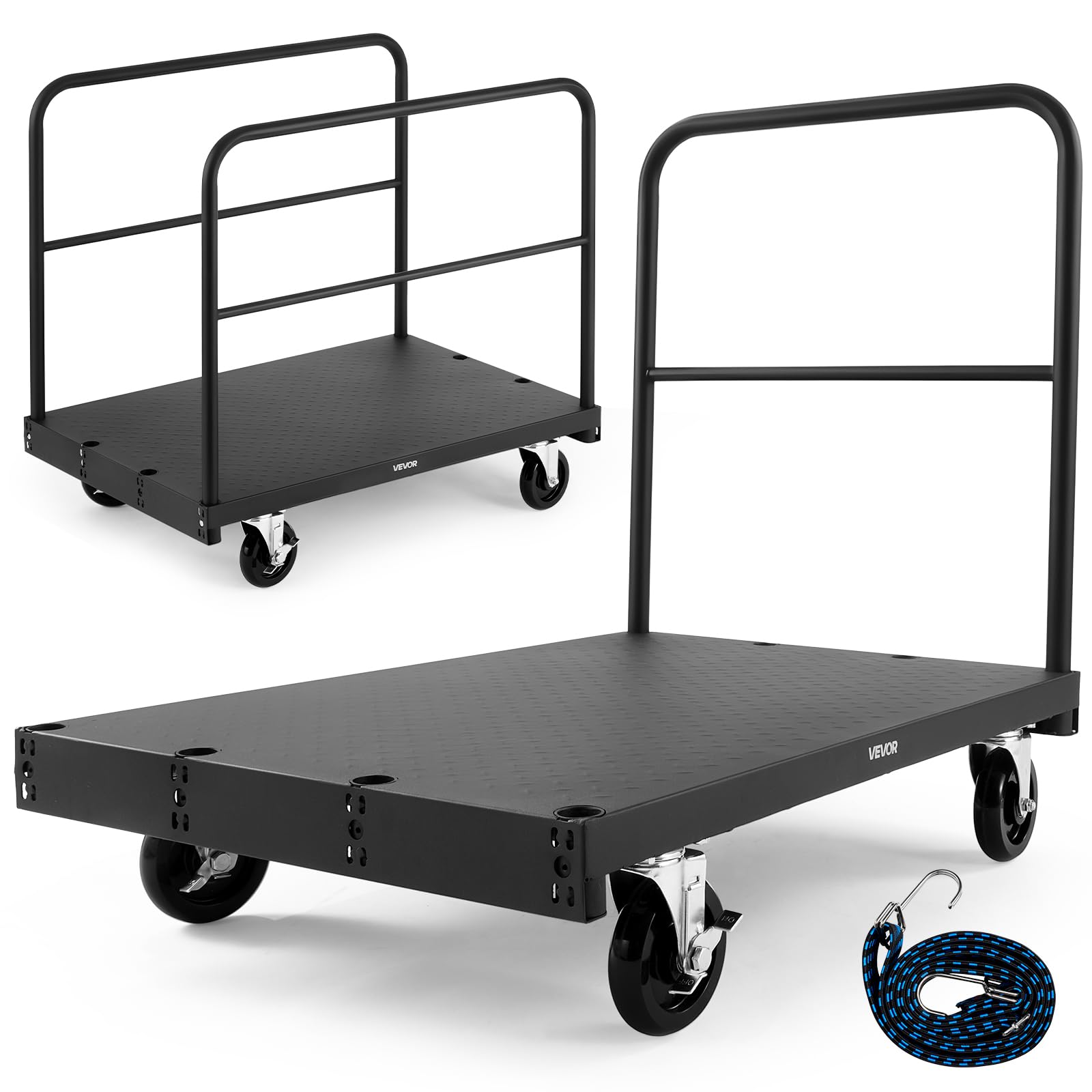 VEVOR Plattenwagen, 816 kg Tragkraft, 2-in-1 Rollenwagen mit 360° Lenkrollen, 914x610 mm Plattformwagen mit 3 seitlichen Handläufen, Transporthilfe für Fabrik, Lager, Garage, Schwarz