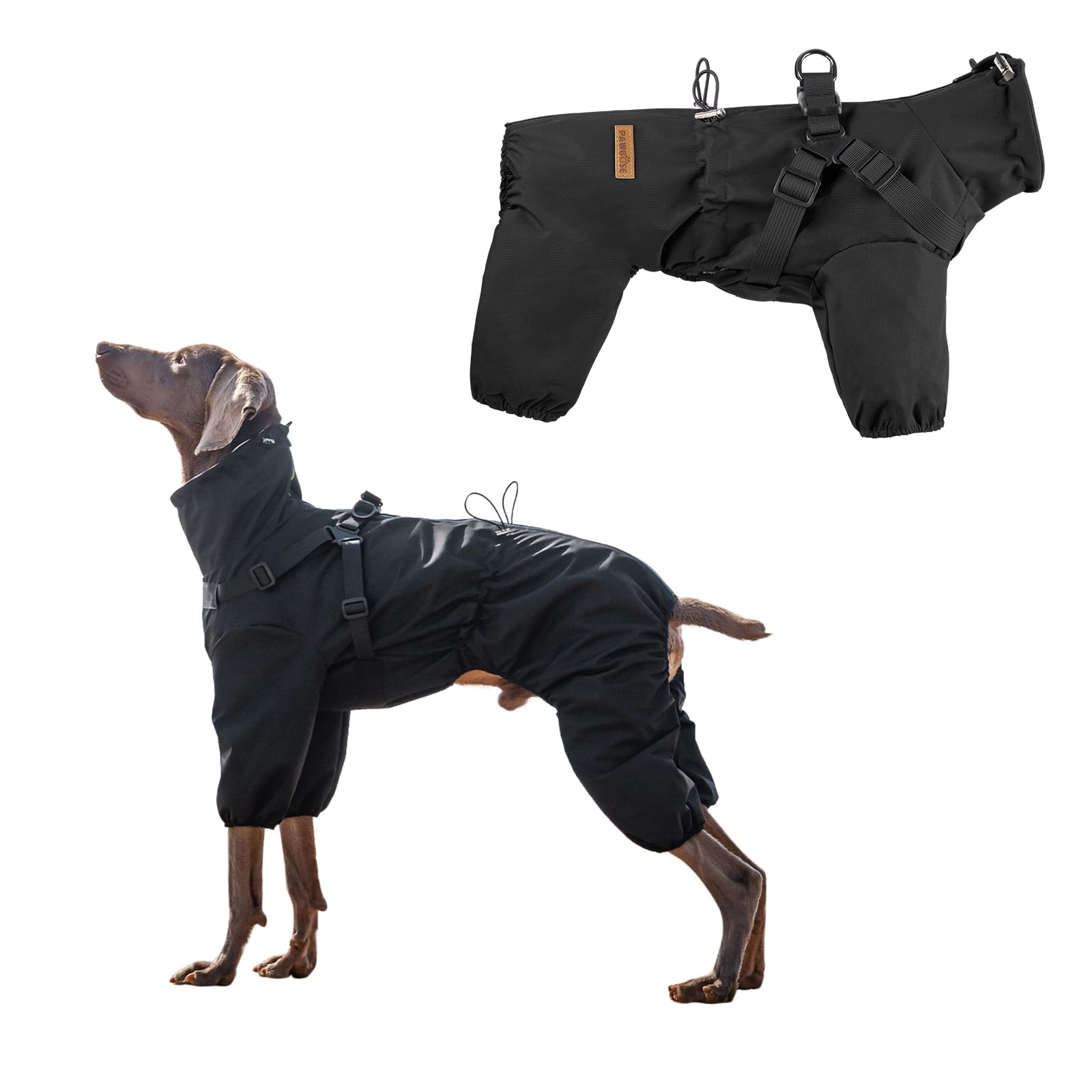 PAWBOSE Dog Raincoat with Harness for Medium and Large Dogs, Adjustable Waterproof Dog Rain Jacket,Reflective Rainproof Puppy 4 Legs Raincoat-Black,