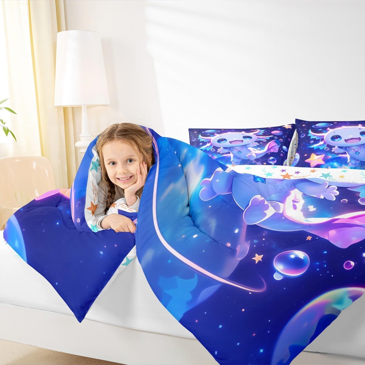 Cute Axolotl Duvet Quilt Kids Cartoon Salamander Bedding Set Full Size Kawaii Ocean Sealife Comforter Set for Women Men Room Decor Breathable Soft Microfiber Outer Space Galaxy with 2 Pillow Case
