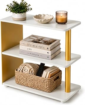3-Tier Narrow End Table, Industrial Slim Side Table, Gold & White | Mid-Century Slim End Table for Small Spaces, Modern Industrial Couch Table,Compact Nightstand for Living Room,Bedroom