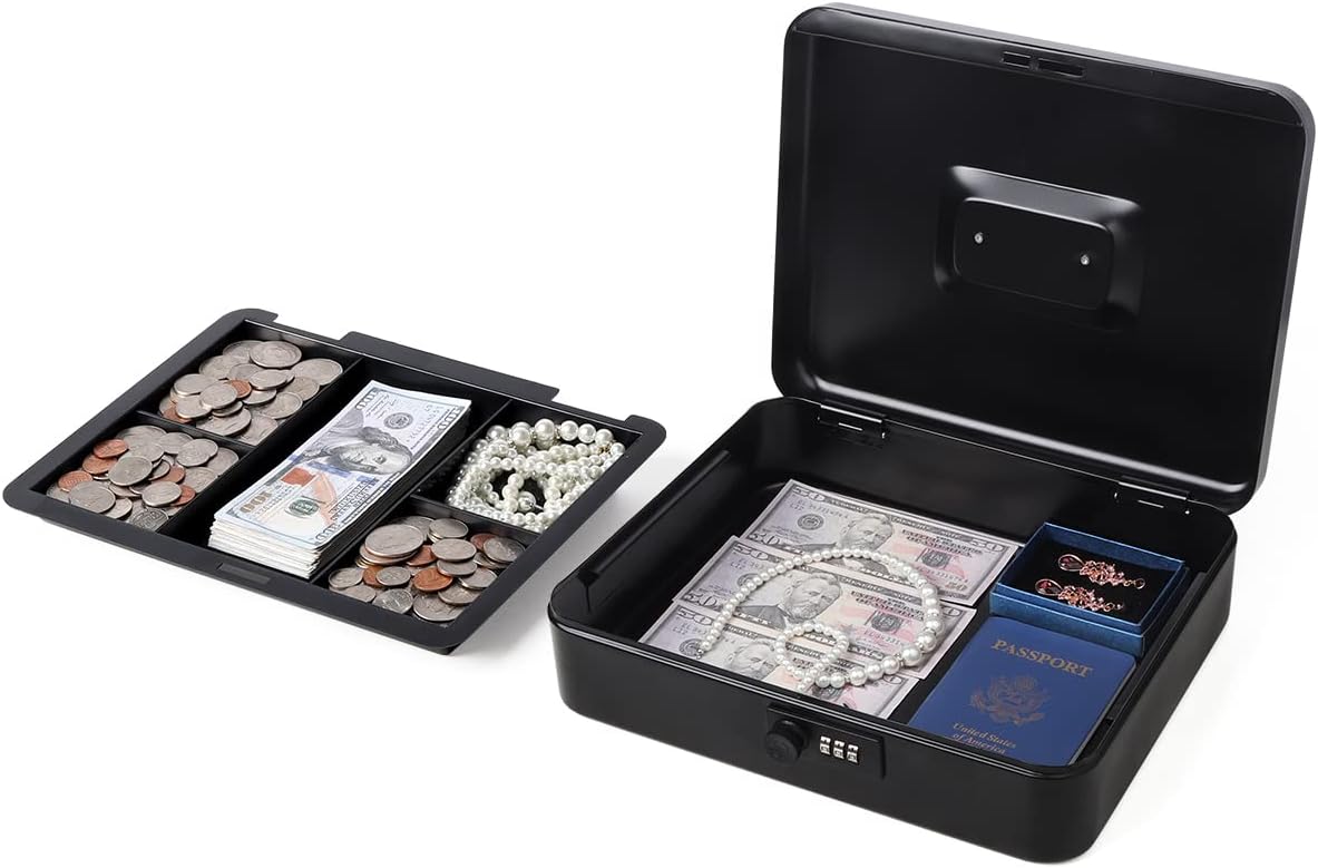 Large Cash Box with Combination Lock, Metal Money Box for Cash, Lovndi Lock Box with Money Tray, 11.8 x 9.5 x 3.54 Inches, Black