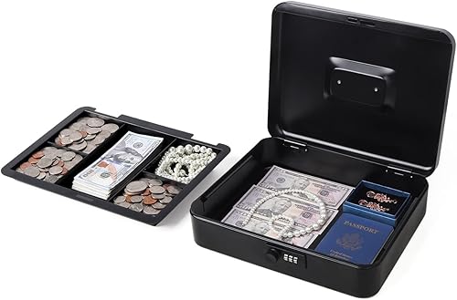 Miniatura 5 de Caja de dinero grande con cerradura de combinación, caja de dinero de metal para efectivo, caja de bloqueo Lovndi con bandeja de dinero, 11.8 x 9.5