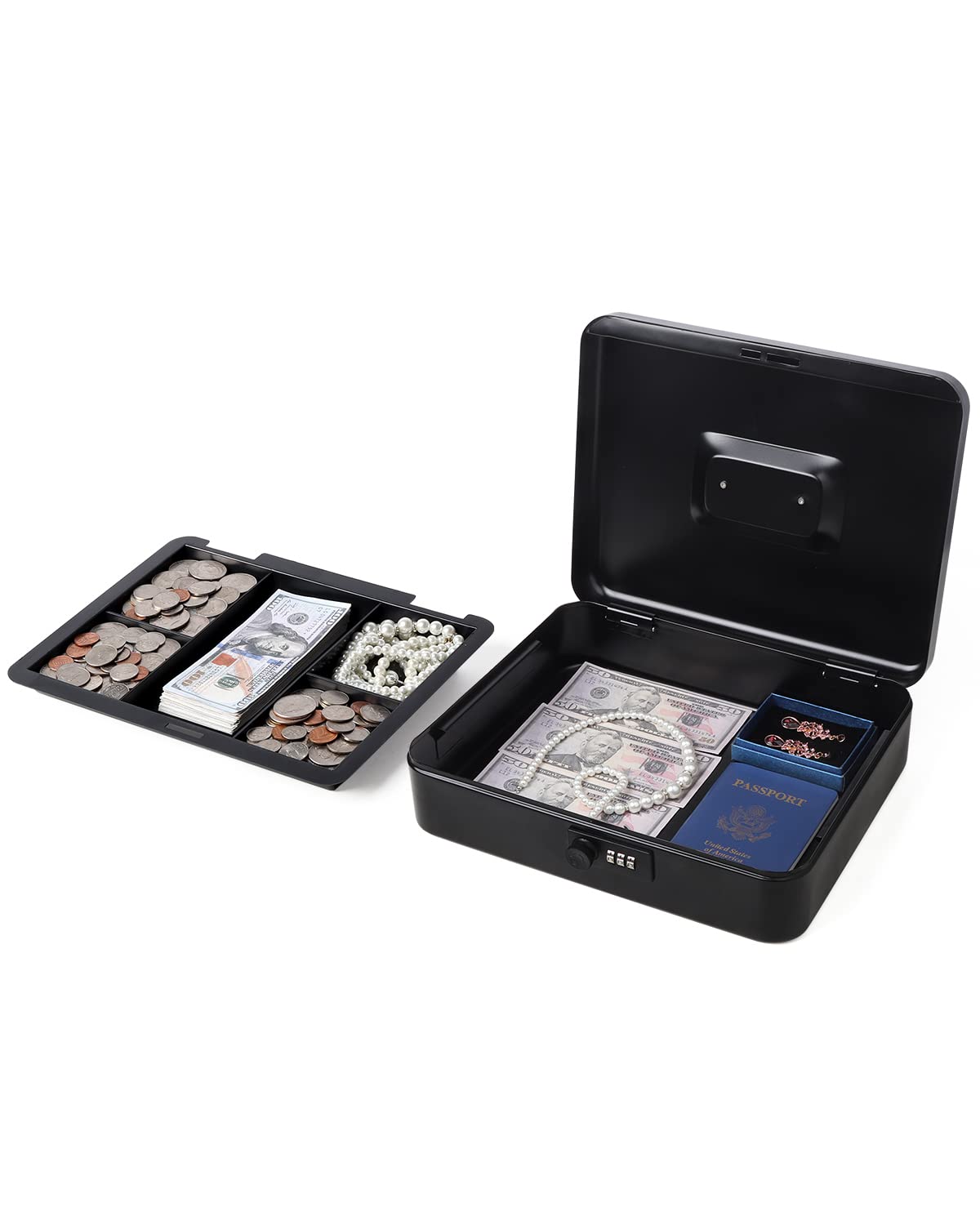 Große Geldkassette mit Zahlenschloss, Metall Spardose für Bargeld, Lovndi Schlossbox mit Geldfach, 11,8 x 9,5 x 3,54 Zoll, Schwarz