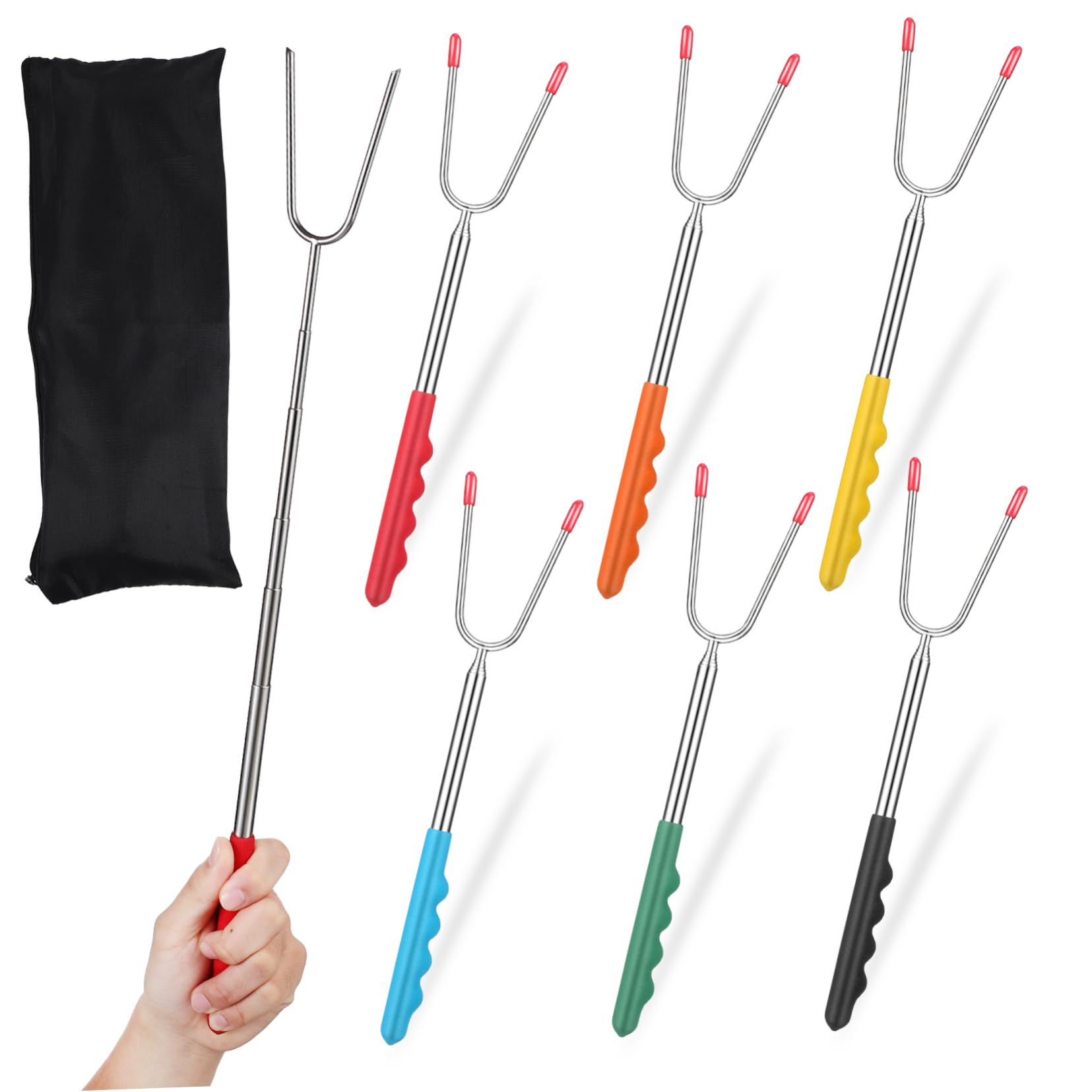 BESTonZON 12pcs Telescoping Stainless Steel Bbq Forks with Handles for Camping Roasting Hot Dogs Marshmallows and Vegetables Portable Heat Resistant for Picnics and Family Gatherings