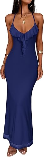 Womens Mesh Bodycon Formal Maxi Dresses Summer Spaghetti Strap Ruffle Cocktail Wedding Guest Party Prom Long Dress