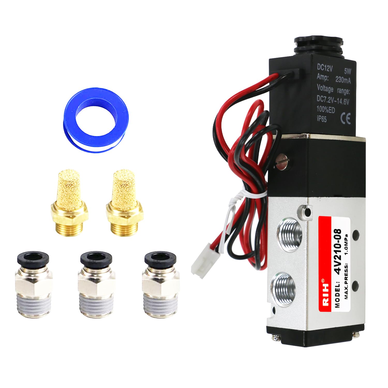 RIH Pneumatics Solenoid Valve 1/4"NPT DC12V Single Coil Pilot-Operated Electric 5Way2Position 4V210 (DC12V Wire, 1/4‘’)