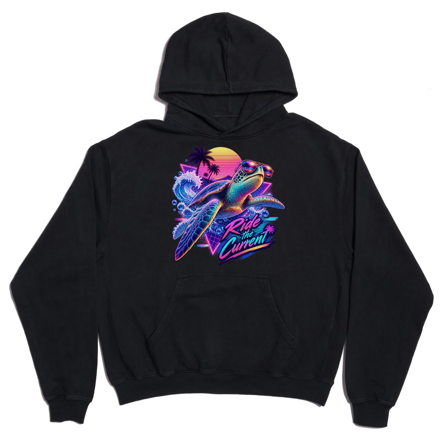 Retro neonowy żółw morski jadący falą unisex oversize ciężka mieszanka bawełny bluza z kapturem czarna