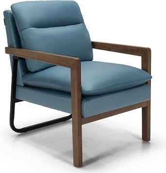 COSTWAY Leathaire/Linen Fabric Accent Chair, Upholstered Single Sofa Lounge Armchair with Detachable Cushions, Rubber Wood Occasional Tub Chairs for Living Room Bedroom Office Leathaire, Blue