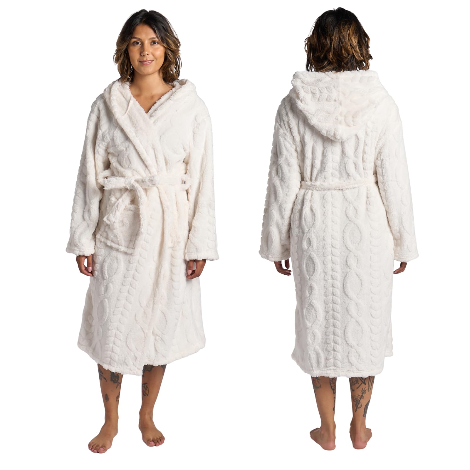 Ohs Unisex White/Black Cable Knit Dressing Gowns Super Soft Warm Fleece Hooded Bathrobe Full Length Comfortable Cosy Adults Dressing Gown For Sleepwear Loungewear,